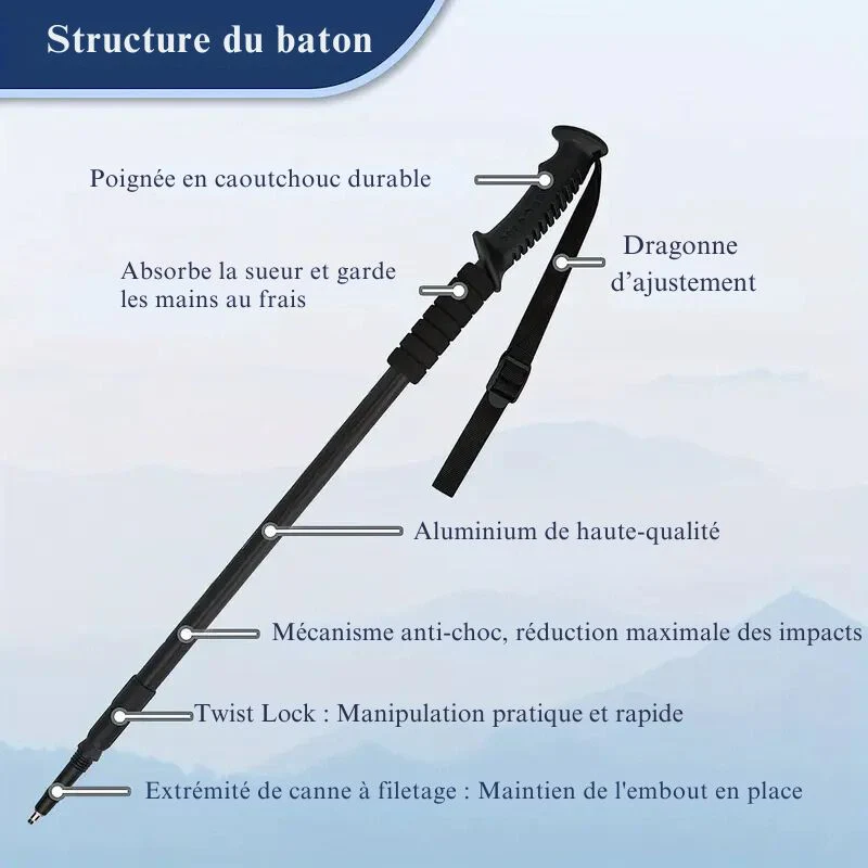 Bâton de marche nordique réglable, équipement de randonnée, bâton léger et ergonomique, accessoire antichoc pour trekking et sport – Image 3